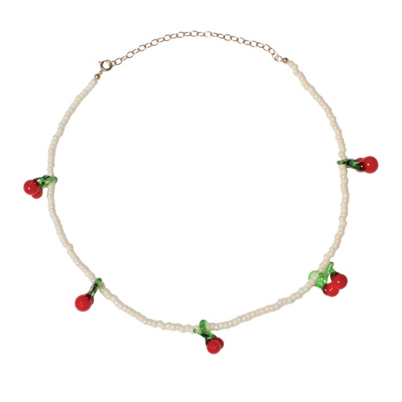 Glass Cherry Fruit Charm Beaded Choker Necklace - Picture 3 of 8